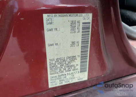 2015 Nissan Altima 2.5 z USA, uszkodzony, nr VIN 1N4AL3AP9FN314773